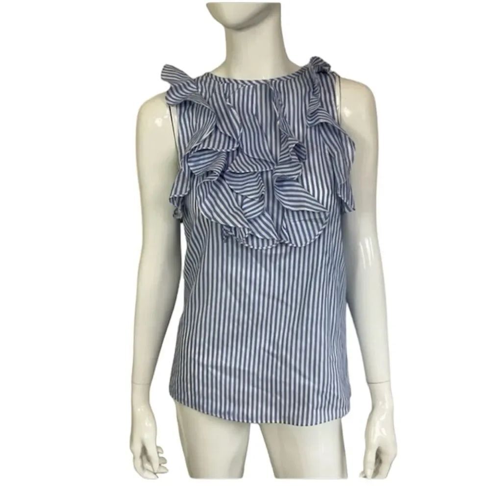 Tibi Blue and White Striped w/ Ruffle  Victorian Y2K Sleeveless Blouse Size 2
